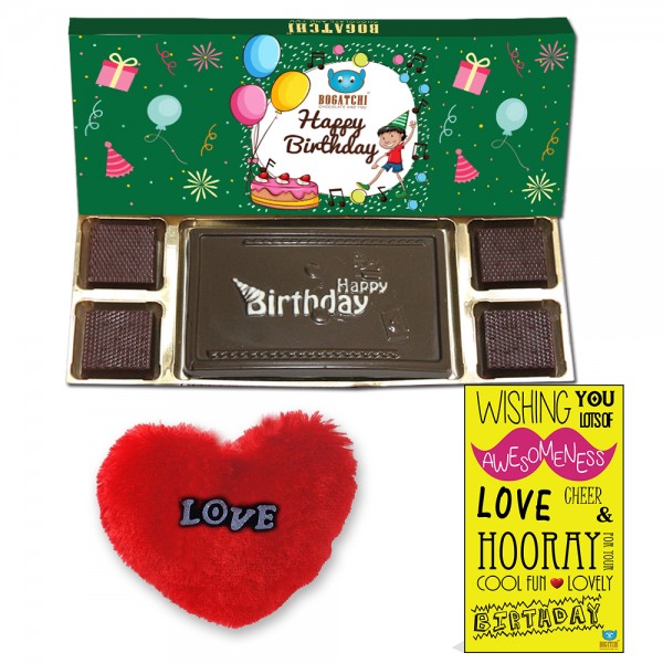 BOGATCHI Happy Birthday Chocolate Bar + 4 Chocolate Hearts + Free Happy Birthday Card + Free Fur Heart
